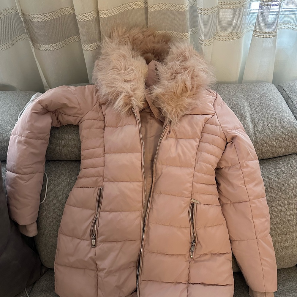 Guess Blush Puffer Jacket with Faux Fur Trim